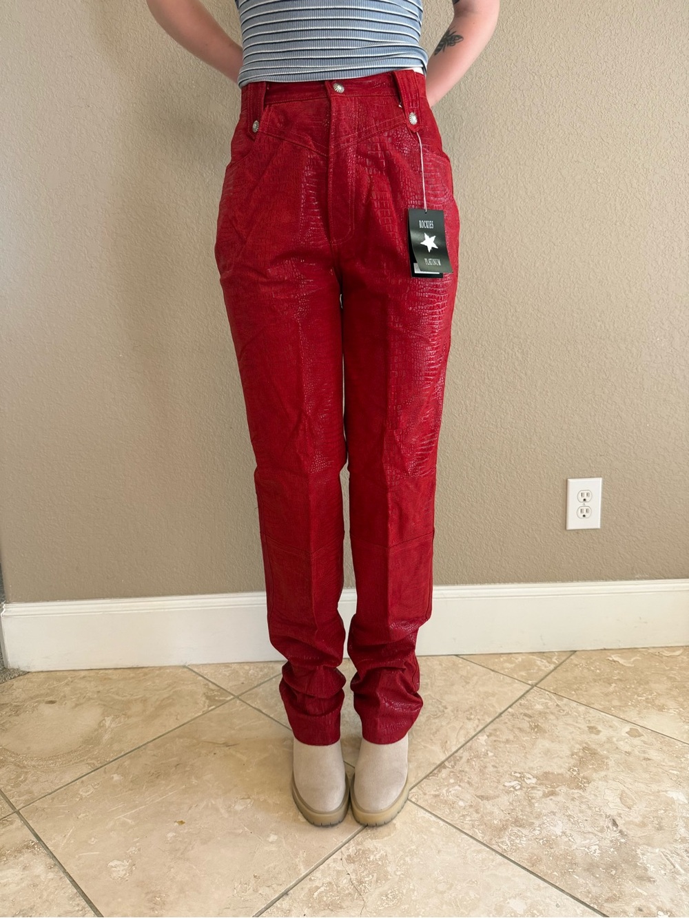 Vintage Rockies Platinum Red Snake Print Leather Bareback High Waisted Pants NWT